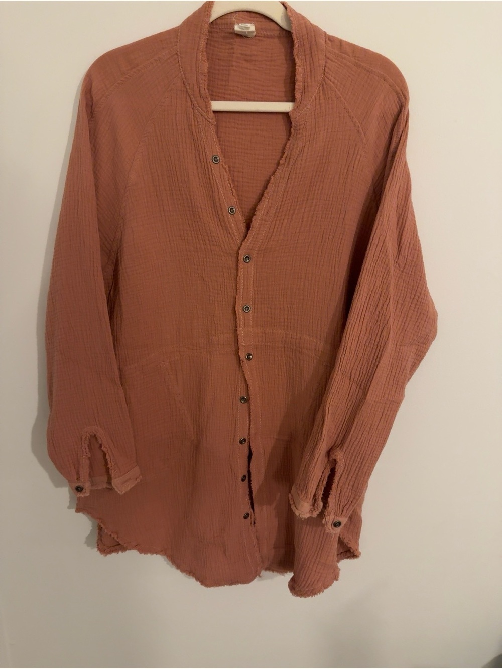 Flawless Gauze Cotton Tunic Shirt Small Boho Oversized Raw Edge Button Up